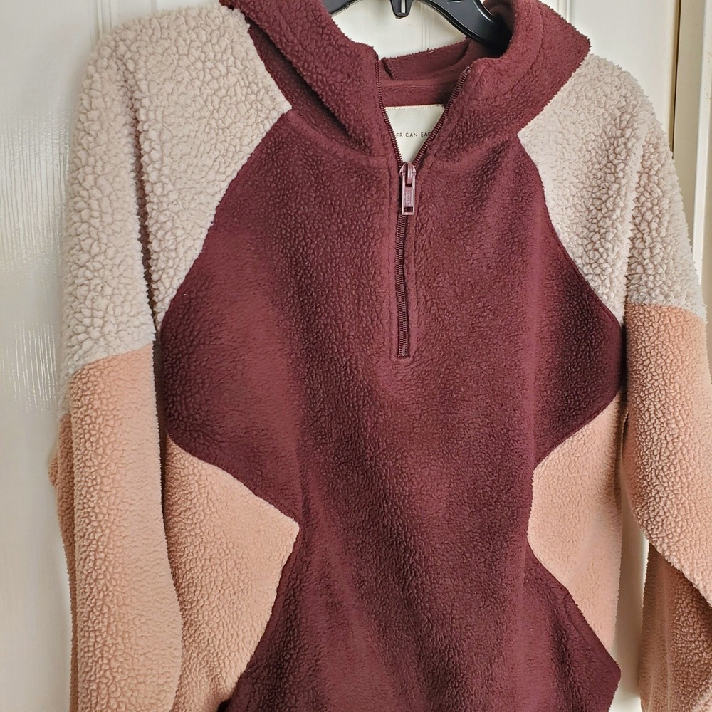 American‎ Eagle Womens Sherpa Fleece Quarter Zip Hoodie Colorblock Burgundy S